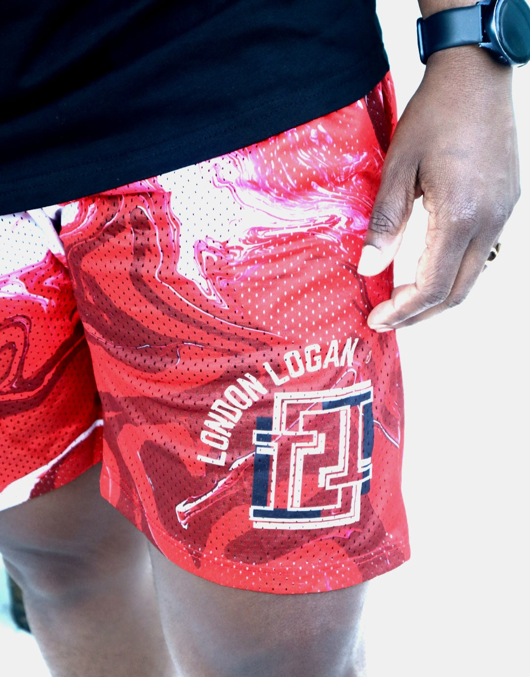 Red Abstract Mesh Shorts