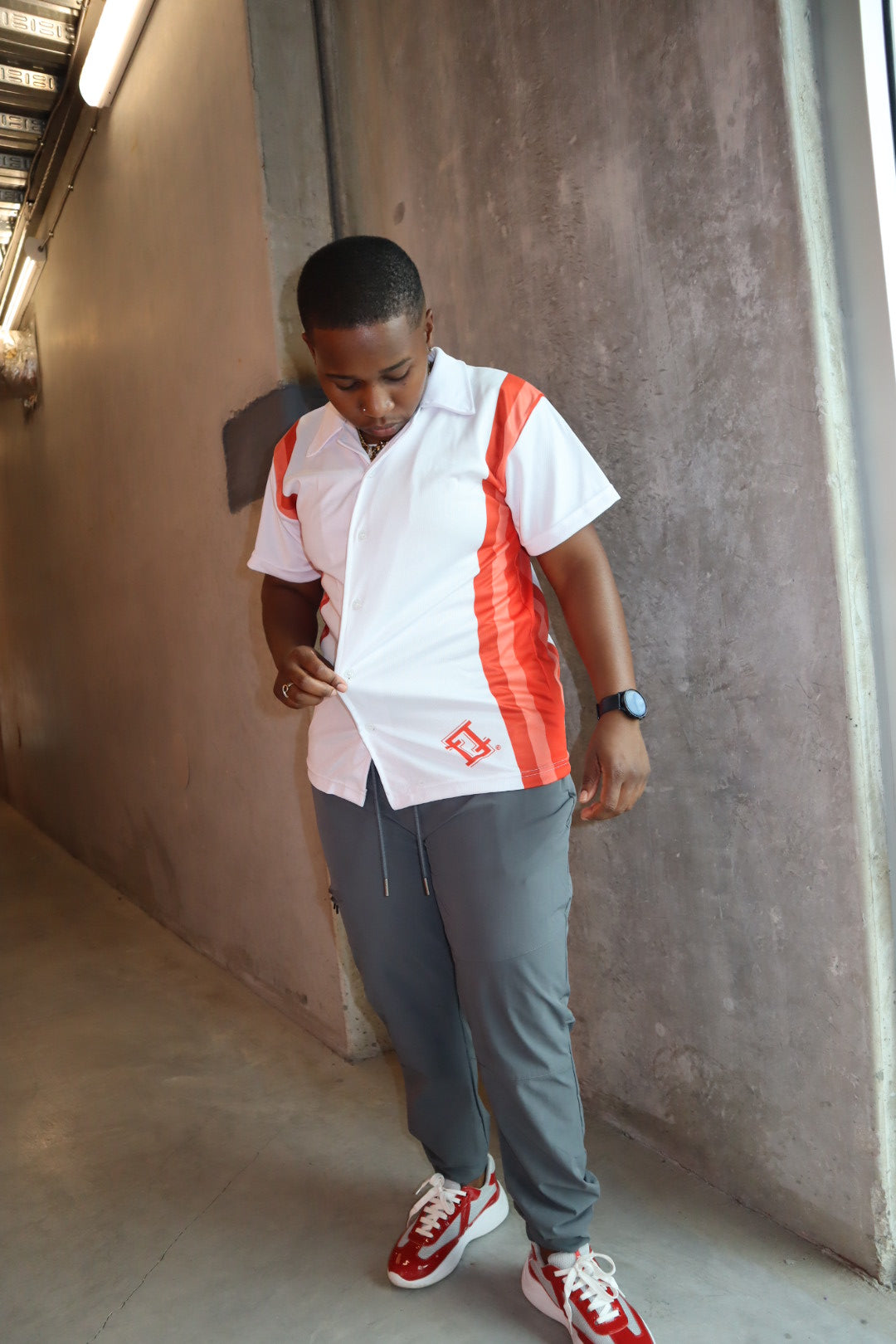 White and Red Stripe Jersey Polo