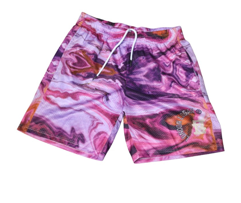 Purple Abstract Mesh Shorts